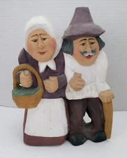 Antique Hand Carved & Painted Wood Black Forest ? Folk Art Old Man & Woman 10"