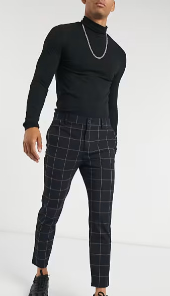 Bershka Asos Skinny Cropped Fit Black Grid Check Pants Men's 32 Flat Front image 2