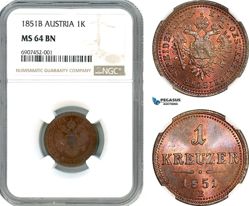 AK135, Austria, Franz Joseph, 1 Kreuzer 1851 B, Kremnitz Mint, NGC MS64BN