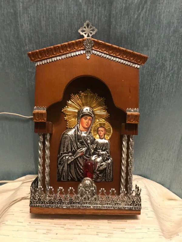 LIGHTED GREEK SHRINE MADONNA WOOD AND SILVERPLATE REPOUSSE DECOR
