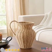 Faux Wood Rattan Pitcher Vase Decorative Display Dried Faux Plants Home Decor US