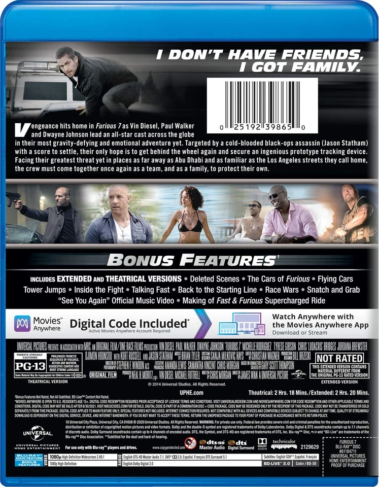 Furious 7 (Blu-ray) Vin Diesel Paul Walker Dwayne 'The Rock' Johnson (US IMPORT) - Image 3 of 3