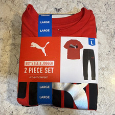 PUMA Boys 2pc Tee  Jogger Set L Red/Black Logo Cotton Blend