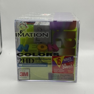 Imation Neon Colors 2HD Diskettes 1.44 MB IBM Formatted 10 Pack - Lot of 3 (NOS)