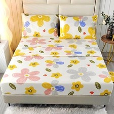 4PCS Yellow Floral Sheets Set Soft Microfiber Yellow Full Colorful Flower