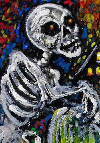 ORIGINAL ACEO Halloween Painting SKELETON Grave House Trees Skull Fall ATC ART