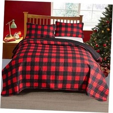 Merry Christmas Quilt Set Queen Full Size 3pc, Red and Black Grid Buffalo