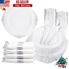 Elegant Disposable Silver Plates Set 50 Guests W/ Cutlery Napkins Party Supplies