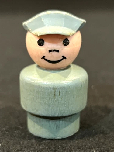 Vintage Original Fisher Price Little People Engineer Gray Wooden Base Gray Cap