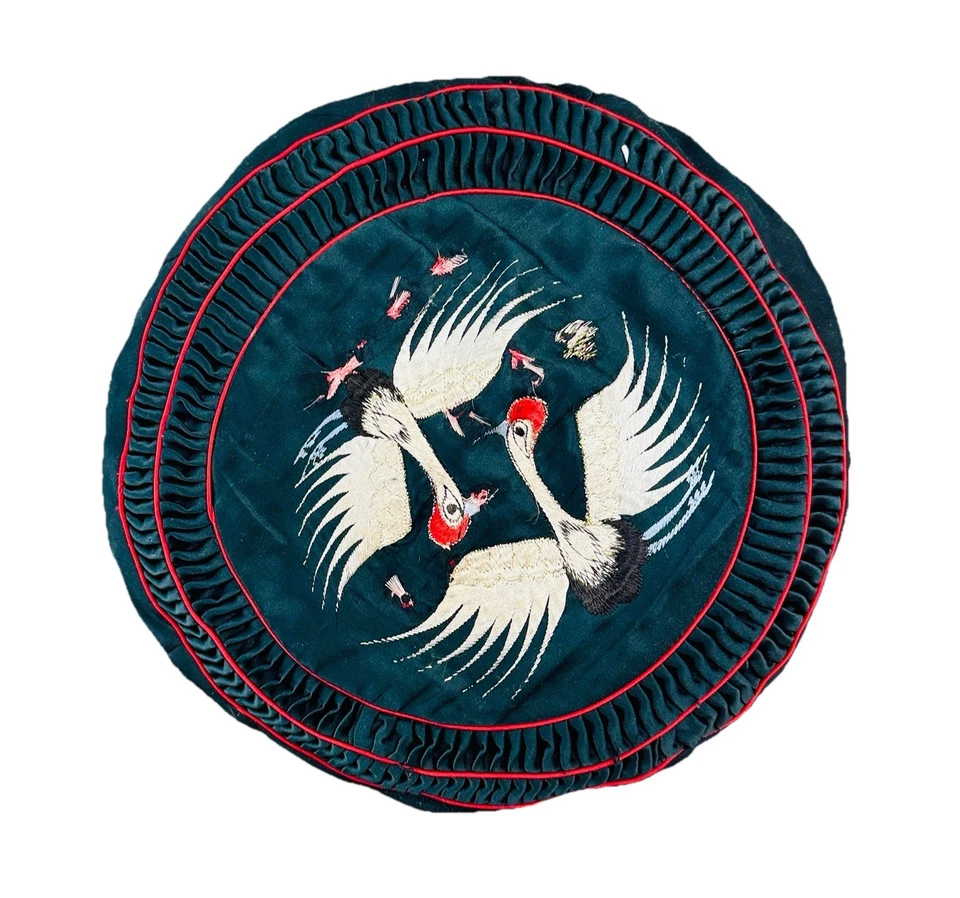 Vintage Asian Oriental Birds Round Embroidered Black Satin Throw Pillowcase - Image 3 of 4