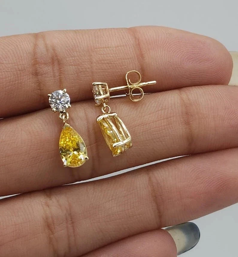1.20Ct Pear Cut Lab Created Citrine Drop & Dangle Earrings 14k White Gold Plated - Image 3 of 4