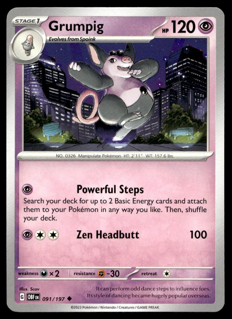 Grumpig 91/197 Pokemon Card Obsidian Flames Uncommon 120 HP Near Mint KD