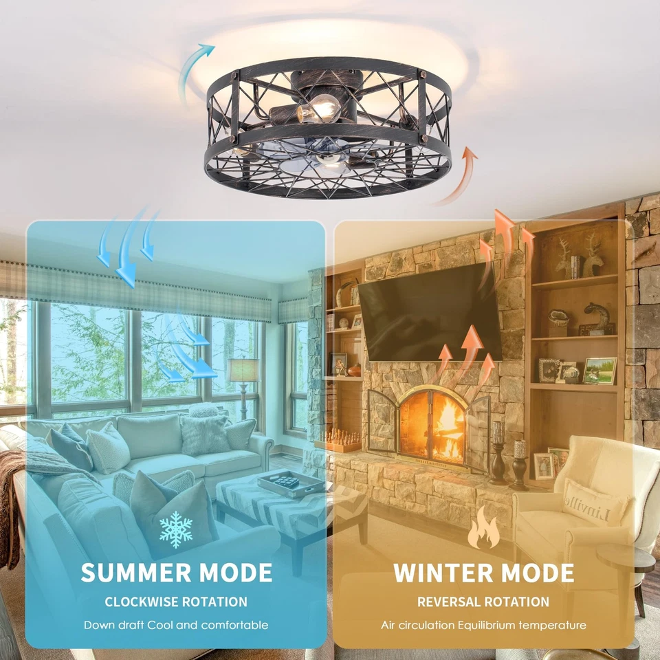 20 in Flush Mount Bladeless Ceiling Fan with Lights | Remote, 4-Speed, Rustic... - Image 4 of 4