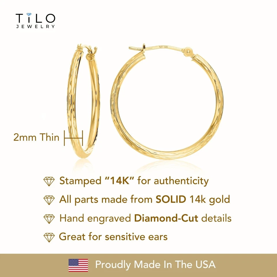 14K Solid Yellow Gold Hand Engraved Full Diamond-Cut Round Hoop Earrings 11-45mm - Image 2 of 4