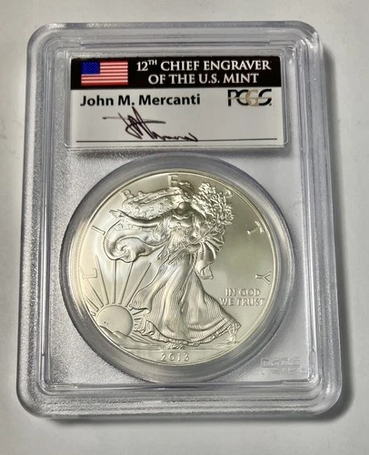 2013 Silver Eagle PCGS MS70 John Mercanti Signed First Strike~Toning on back!