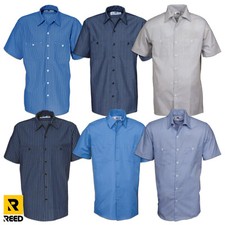 Striped Work Shirts 2 Pocket Industrial Uniform Mechanic Short Sleeve Polyblend