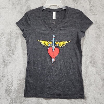 Bon Jovi Womens Shirt Gray Medium Tattoo Heart Dagger Wings Band Music  Merch Tee