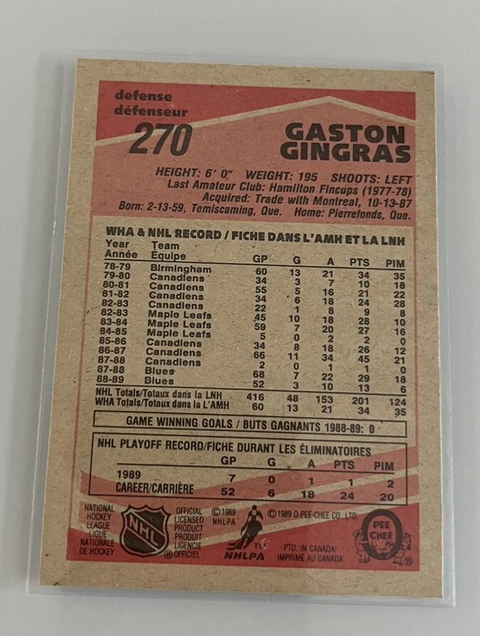 1989-90 O-Pee-Chee Gaston Gingras #270 Auto Autograph Signed St. Louis Blues - Image 2 of 2