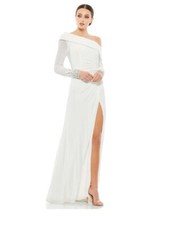 Mac Duggal Beaded Cuff Drop Shoulder Long Sleeve Slit Gown Size 8 White 12231