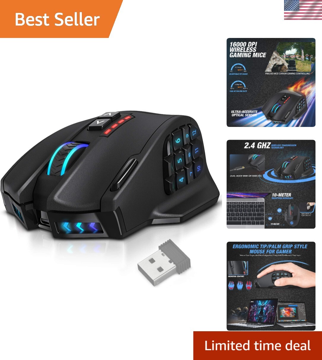 Venus Pro RGB Wireless MMO Gaming Mouse with 16000 DPI Optical Sensor and 2.4GHz Connectivity