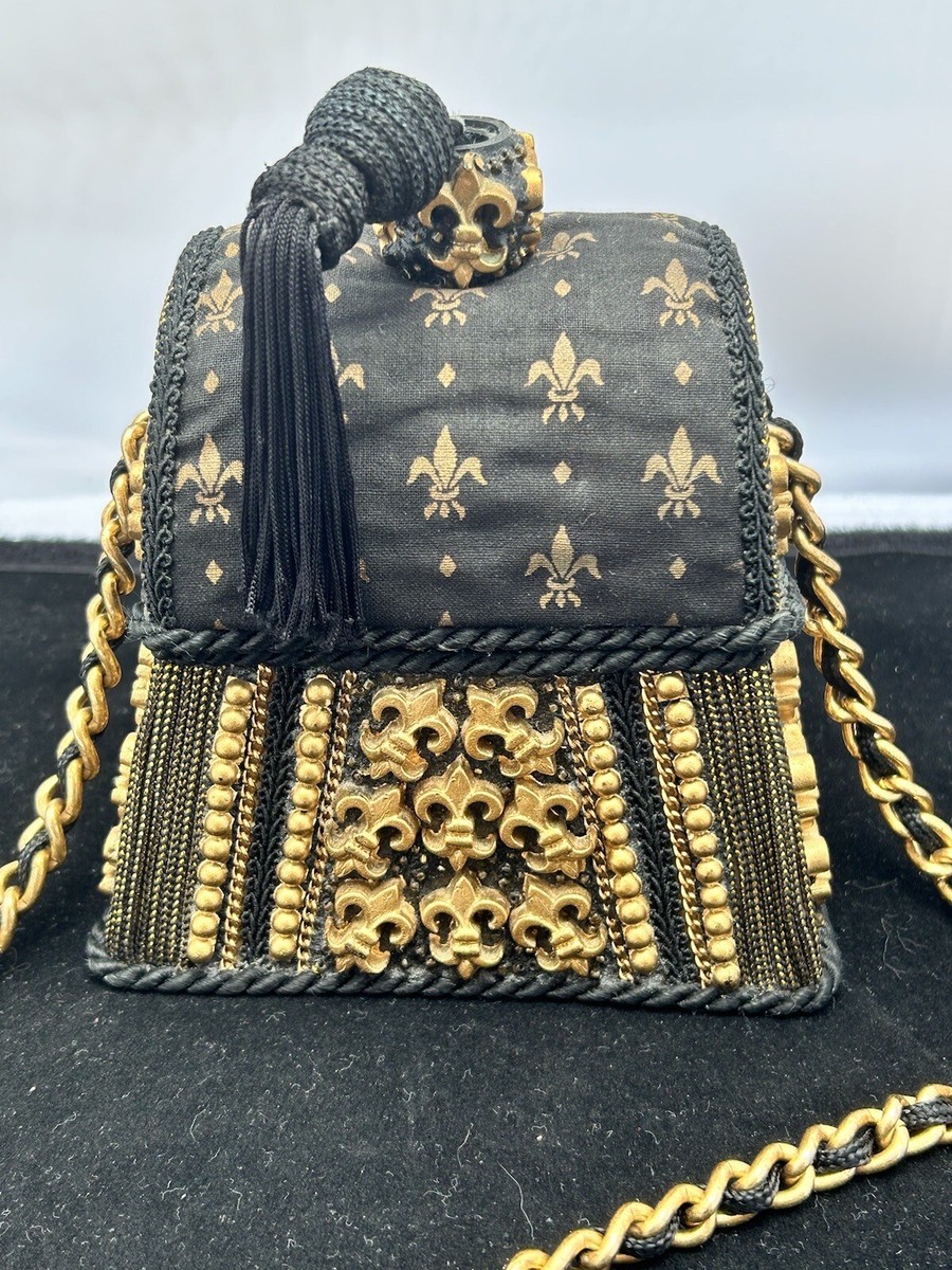 Vintage MARY FRANCES Fleur De Lis Paper Mache Evening Bag Purse Black Gold