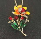 Yellow Enamel Red Crystal Leaf Flower Pendant Long Necklace/Brooch