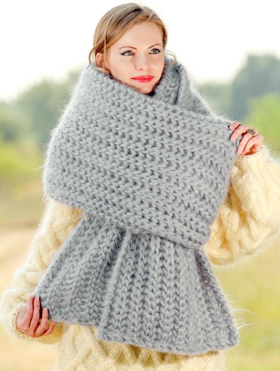 Thick grey fuzzy mohair scarf extra long shawl handknit neck