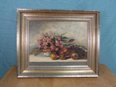 Gemälde Öl auf Kartonplatte Stilleben Blumen Obst Bouquet F. Schörken Edel o13b1