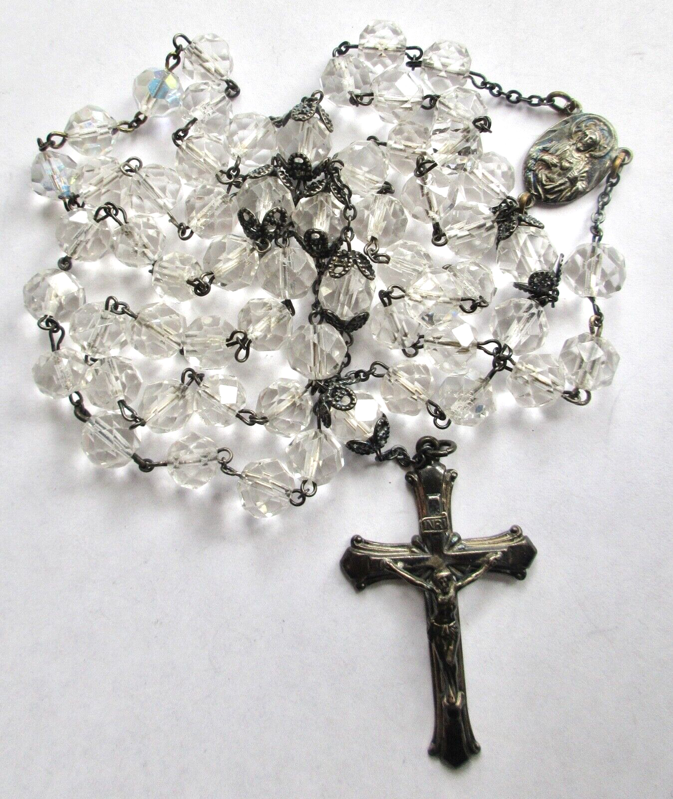 Antique Sterling Silver Crystal Beads ROSARY CRUCIFIX Necklace Length