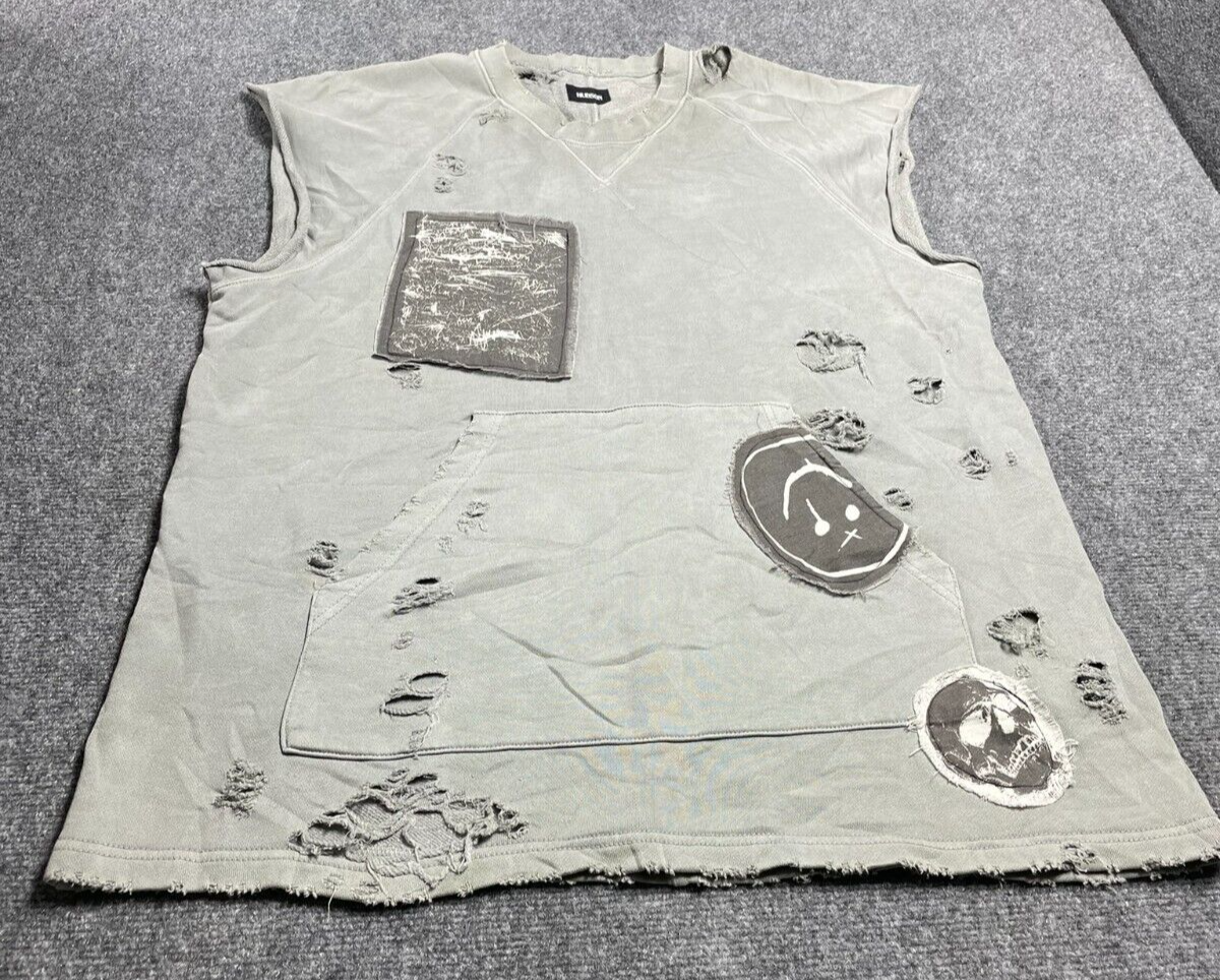 Hudson Rex Cut-Off Chaos Unisex Shirt Gray Short Sleeve with Patches Size XL