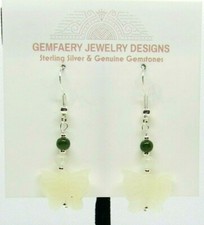 Sterling Silver Natural SNOW JADE BUTTERFLY Dangle Earrings 6244...Handmade USA