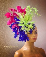 Aimee Fuller Kentucky Derby Fascinator Blue Rainbow Hot Pink Hat Green Feather