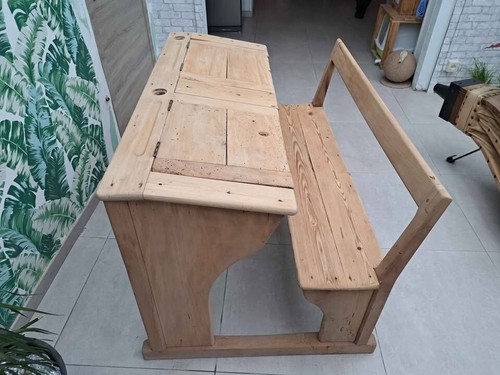 Pupitre - Ancien bureau d’écolier avec banc – Restauré - Afbeelding 3 van 4