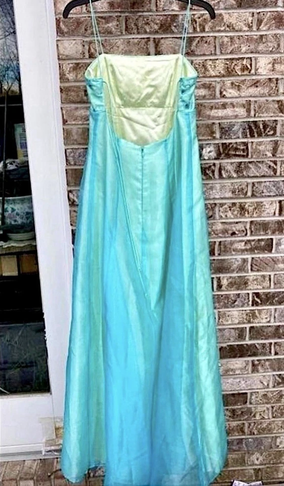 Vestido de graduación vintage años 90/Y2K azul hielo/verde menta bordado brillante corbata de hadas Foto 2 de 4