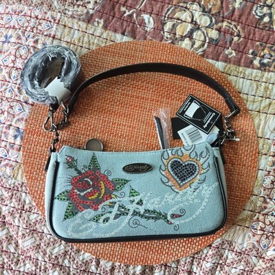 Ed Hardy Denim Y2K Style Rhinestone Tattoo Hearts And Rose