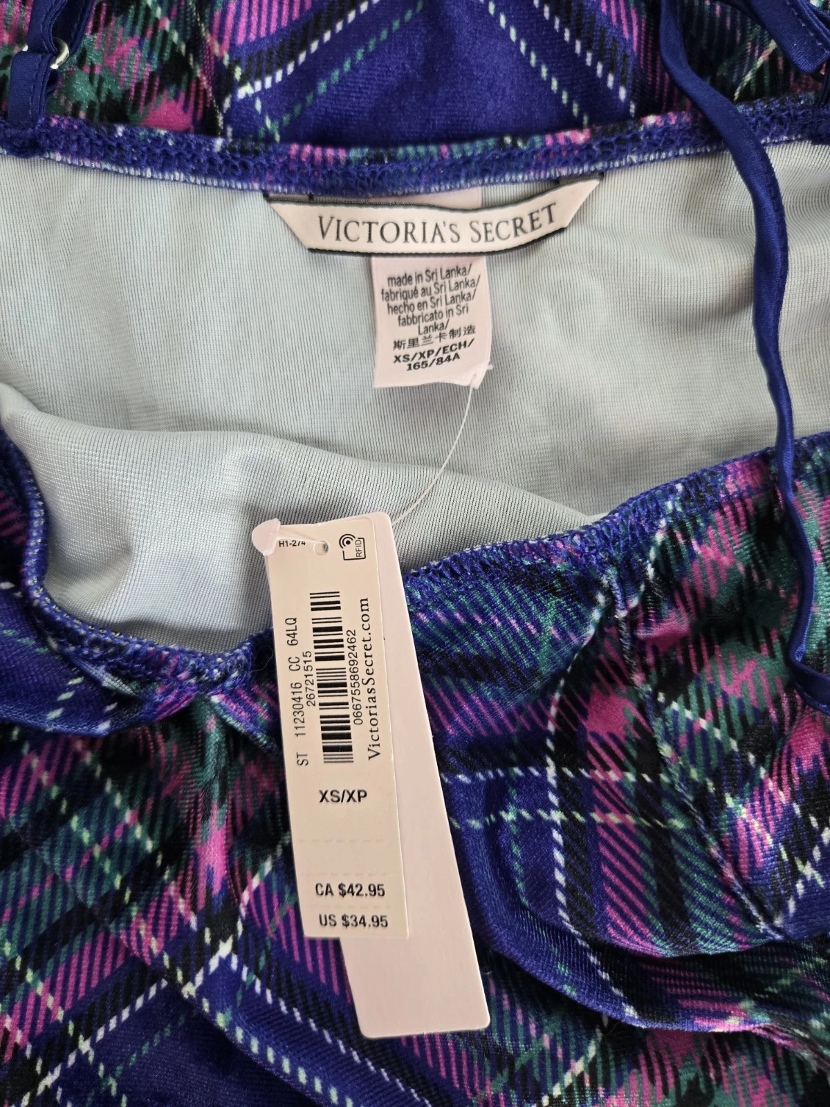 UNDERCOVER NUOVO Victoria's Secret XS abito slip in velluto blu a quadri camicia da notte
