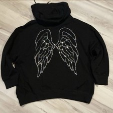 VICTORIAS SECRET ICONIC BLING PULLOVER HOODIE BLACK SILVER ANGEL WINGS S XL