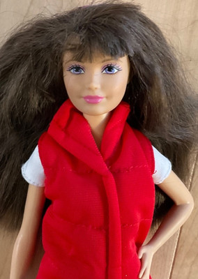 Brunette pink highlight Barbie hybrid, petite straight leg body, outfit