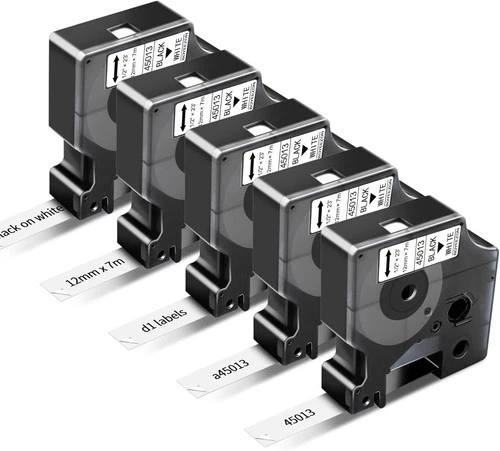 5x Dymo D1 Label Tape 45013 Black on White 1/2 Inch x 23 Feet Compatible product