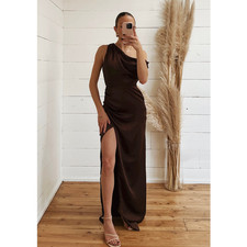 Show Me Your Mumu Jodie Dress in Chocolate Luxe Satin L