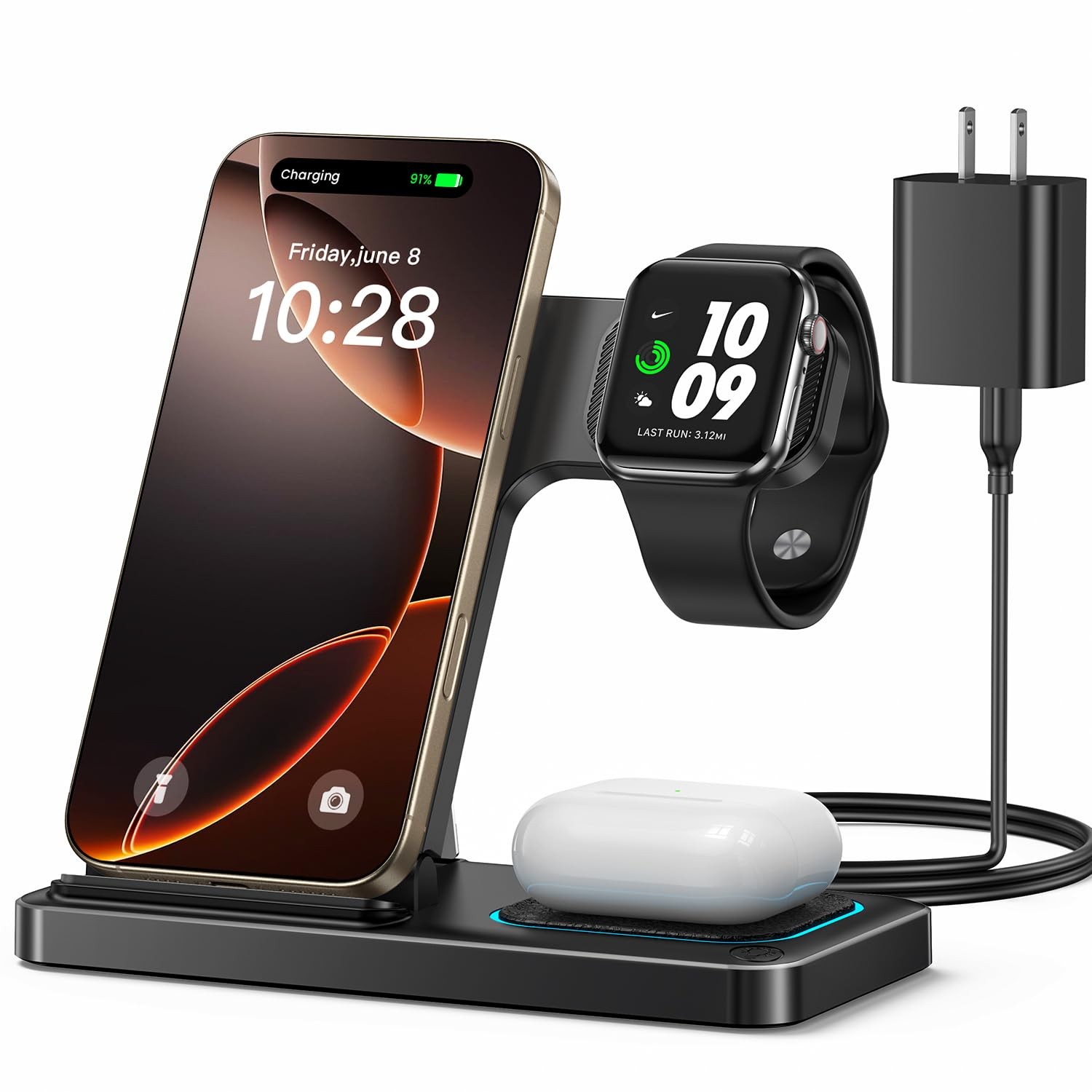 3-in-1 Fast Wireless Charging Station for iPhone 16 15 14 13 12 11 XR 8 & Apple Watch AirPods