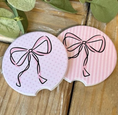 Pink Coquette Bow Ceramic Car Coasters Set of 2