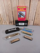 Lot Of Four Harmonicas And VHS "Three Minutes To Blues Harmonicas" By David Harp