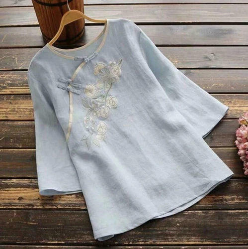 Women's Cotton and Linen Retro Embroidery Diagonal Button Loose Blouse T-Shirt - Picture 16 of 20