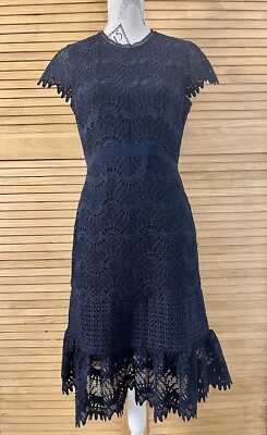 WHISTLES Dress Niki Scalloped Hem Midi Navy Blue Size UK 10