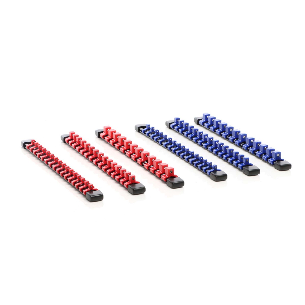 Kit Organisateurs de Douilles en Rails Aluminium, Lot de 3, Plateaux de Douilles Métriques SAE 1/4'', 3/8'', 1/2'', avec Clips Rotatifs 360° pour Boîte Outils, Capacité 40 Douilles, Rouge & Noir | FR