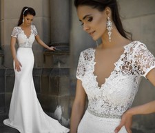 Sexy Mermaid V Neck Short Sleeves Wedding Dress Lace Satin Bridal Gown 2 4 6 8+