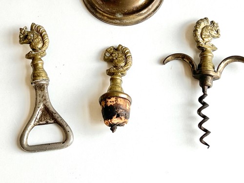 1940s Brass Squirrel Bar Set TV Prop Corkscrew Opener Stopper Vintage Display - Picture 9 of 23
