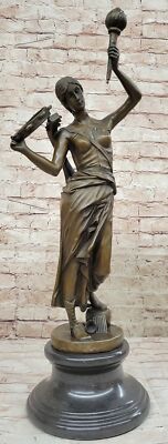 Lost Wax Method Sculpture: Vintage Brass Casting of a Young Woman with Tambourin