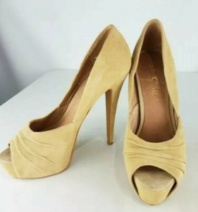 camel peep toe heels